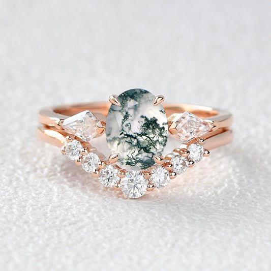 Delphine’s Wings | Oval Moss Agate Three Stone Bridal Set 2pcs.