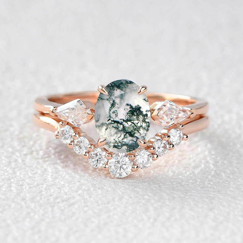 Delphine’s Wings | Oval Moss Agate Three Stone Bridal Set 2pcs.