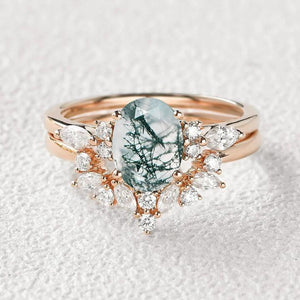 Melisande’s Echo | Oval Cut Moss Agate Bridal Set 2pcs.