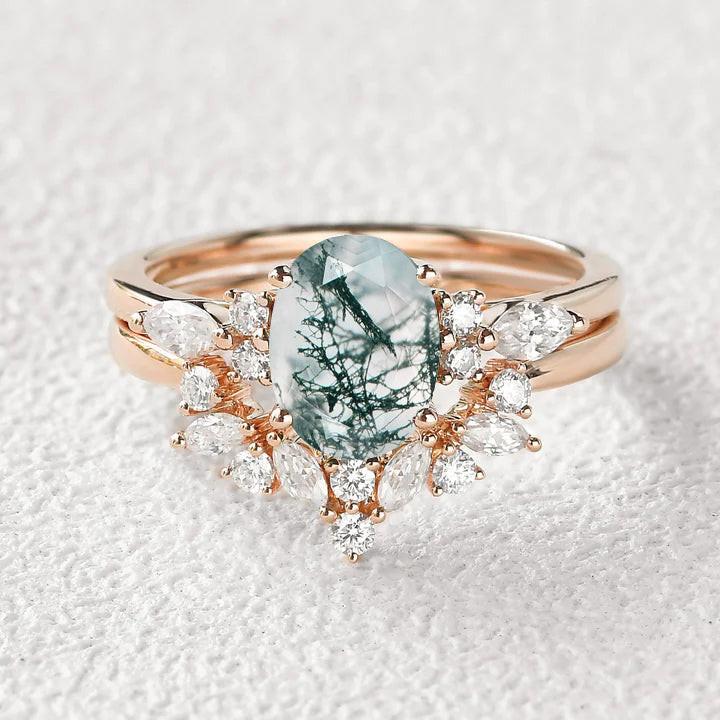 Melisande’s Echo | Oval Cut Moss Agate Bridal Set 2pcs.