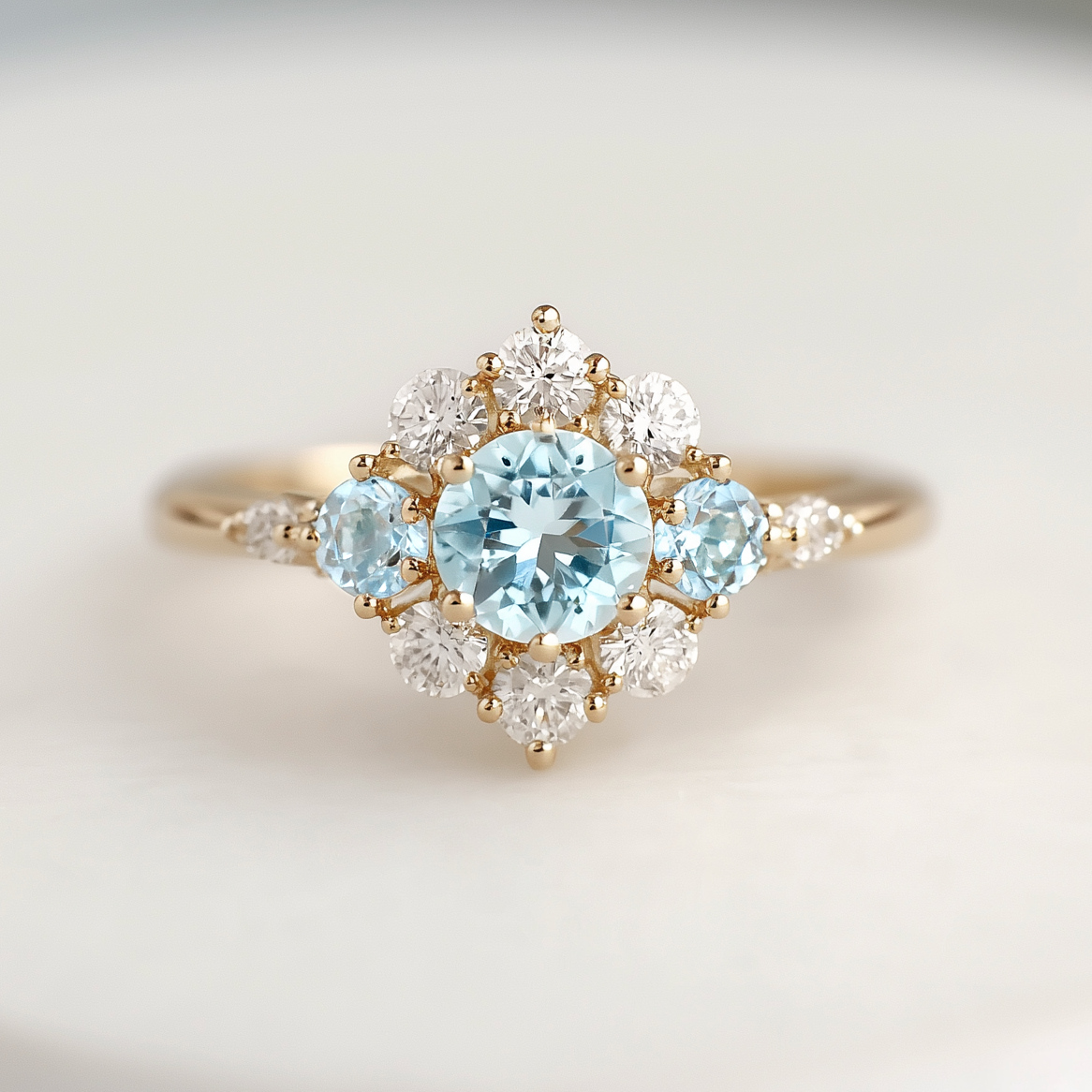 Elsa’s Flurry | Round Cut Snow Flakes Aquamarine Engagement Ring.