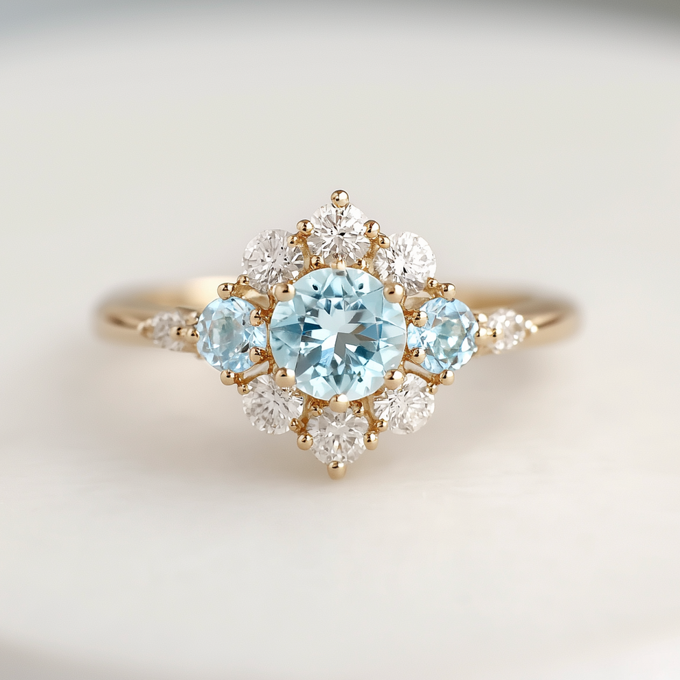 Elsa’s Flurry | Round Cut Snow Flakes Aquamarine Engagement Ring.