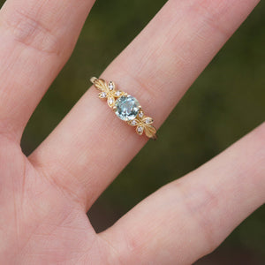 Marina’s Foliage | Round Blue Aquamarine Leafy Engagement Ring.