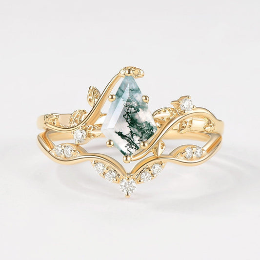Green Vine Kite Cut Moss Agate Leafy Engagement Ring Sets 2pcs.