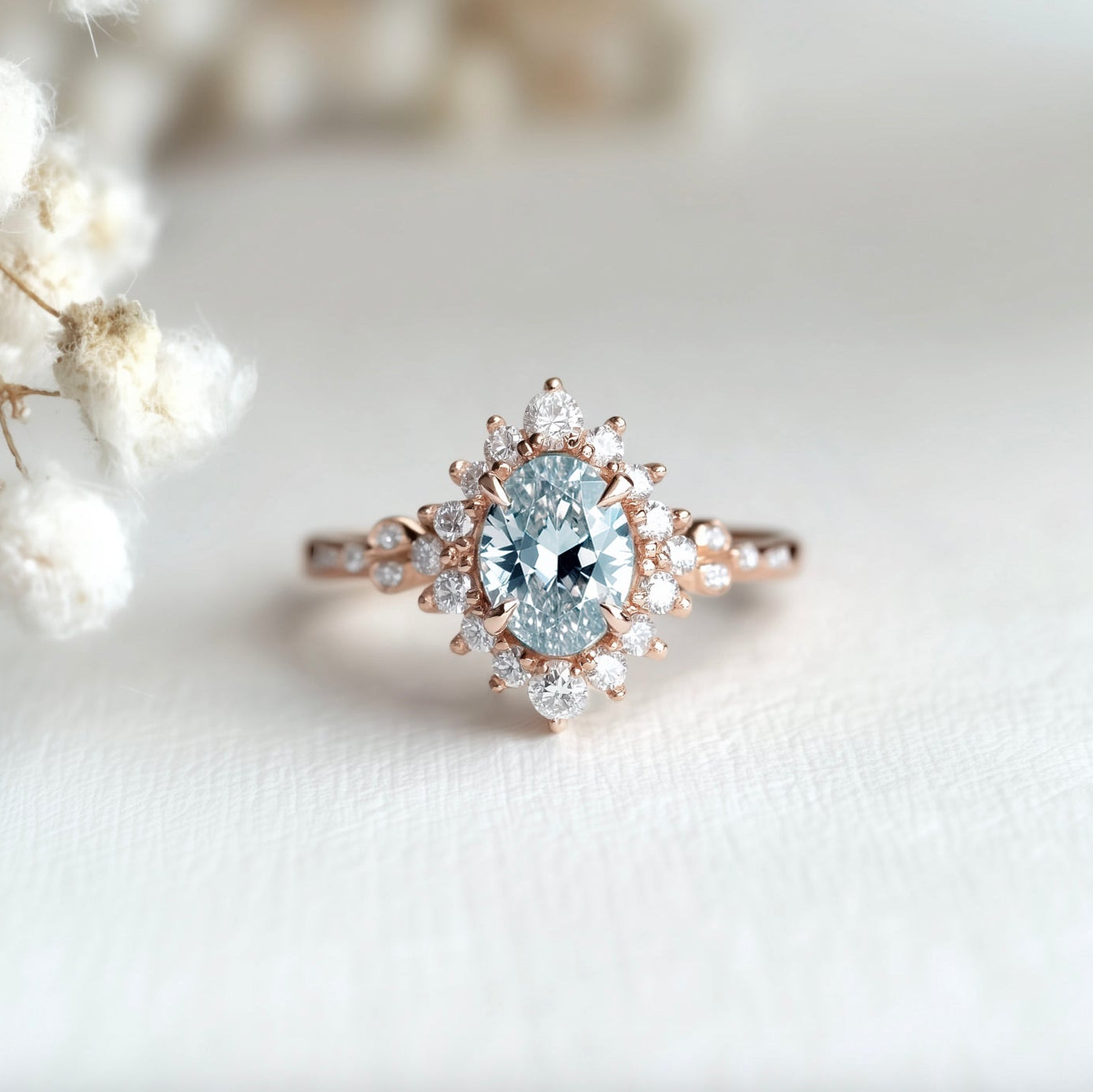 Theia’s Tide | Oval Pink Aquamarine Halo Engagement Ring