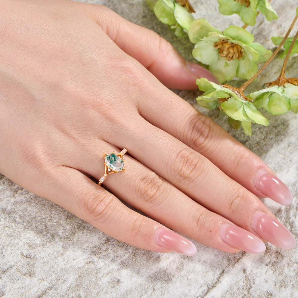 Nature Inspired Hexagon Cut Moss Agate Engagement Ring.