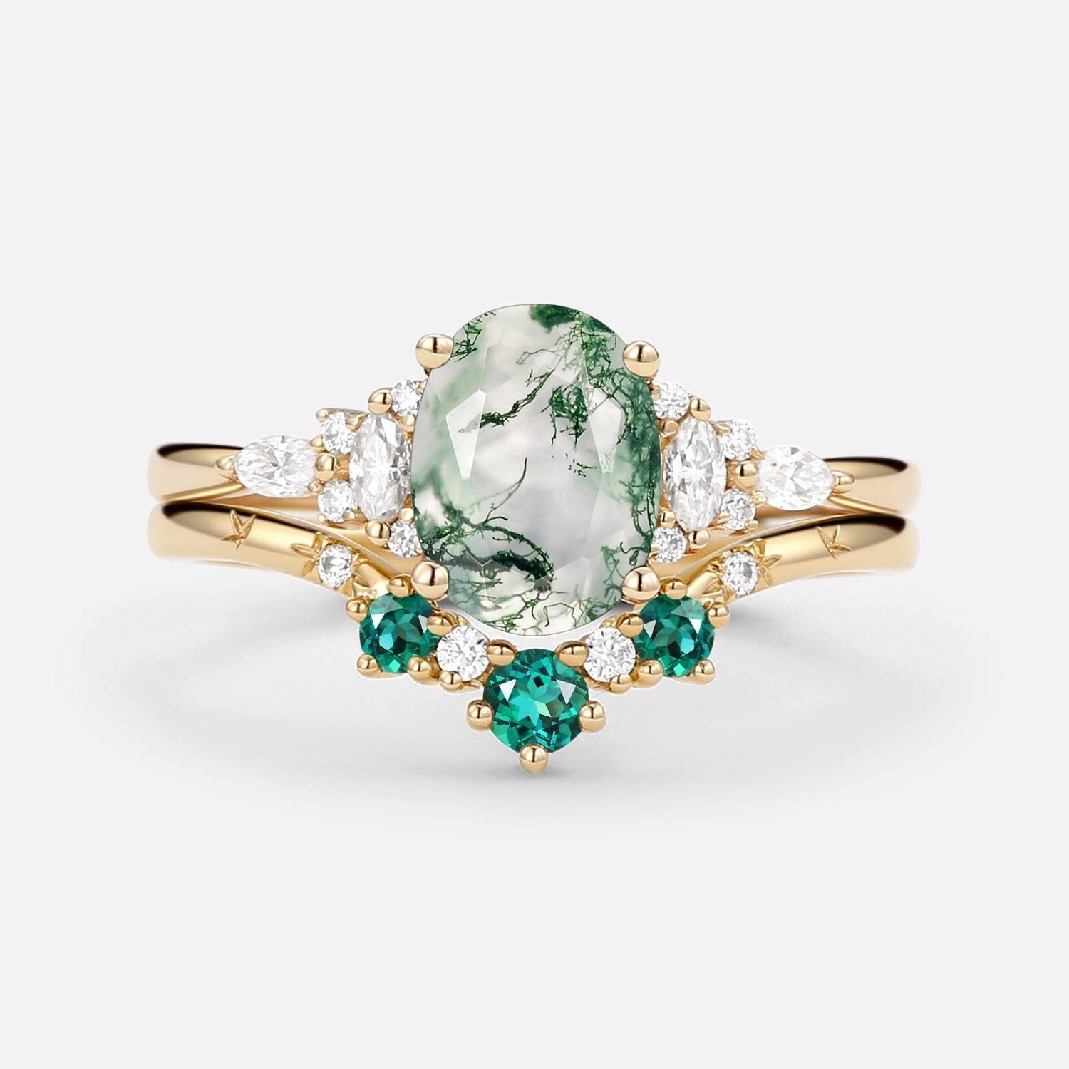 Natural Oval Cut Moss Agate & Lab Emerald Engagement Ring Sets 2pcs.