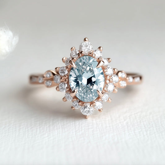 Theia’s Tide | Oval Pink Aquamarine Halo Engagement Ring