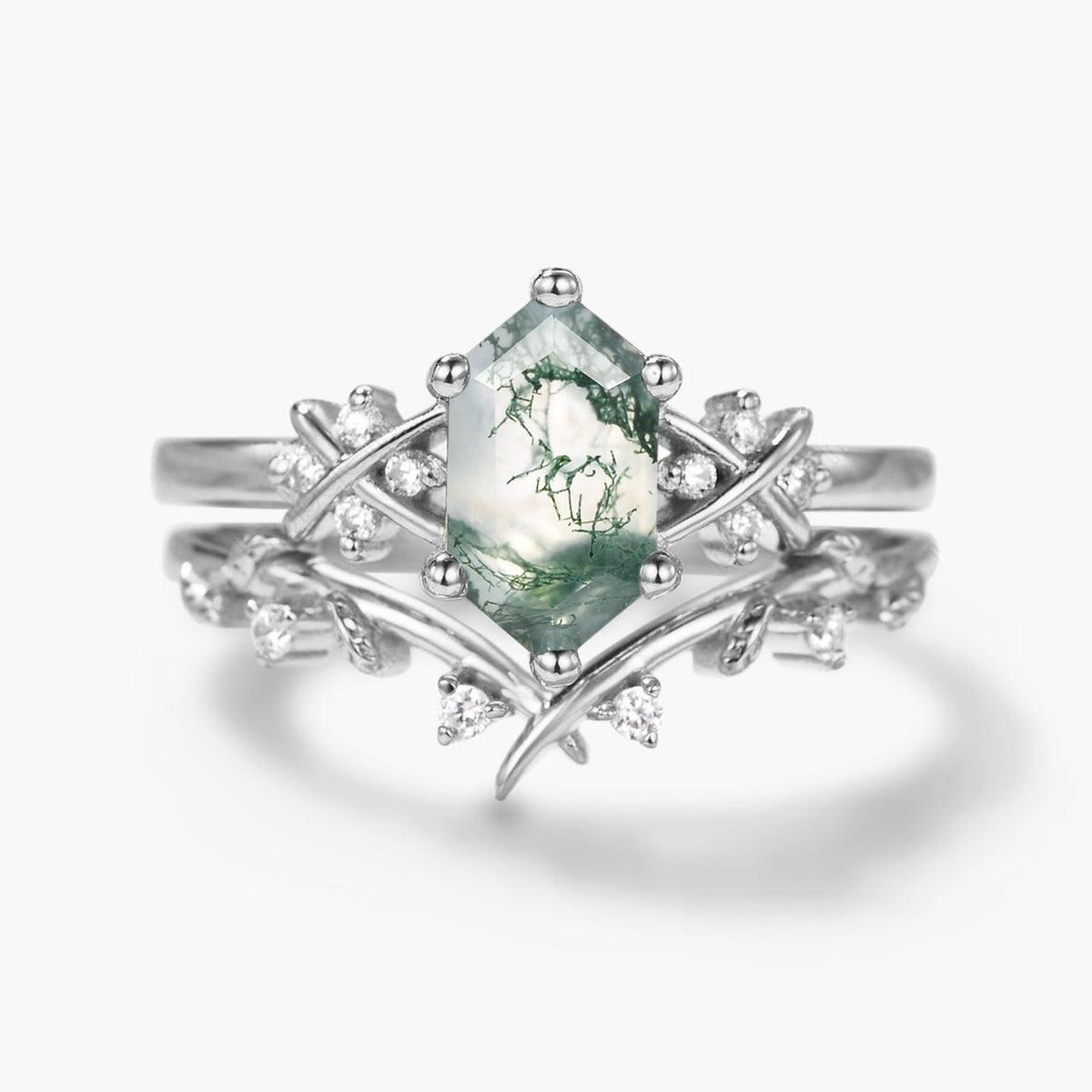 X-Band Long Hexagon Moss Agate Leafy Engagement Ring Set 2pcs.