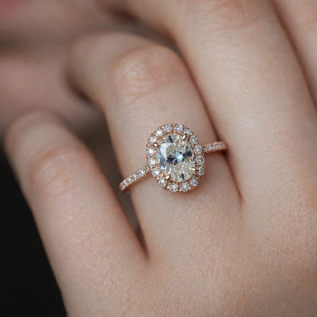 Odette‘s Halo | Oval Moissanite Ring in Morning Light.