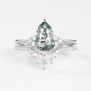 Pear-shaped Fancy Cut Moss Agate Engagement Ring Set 2pcs - Lydia.