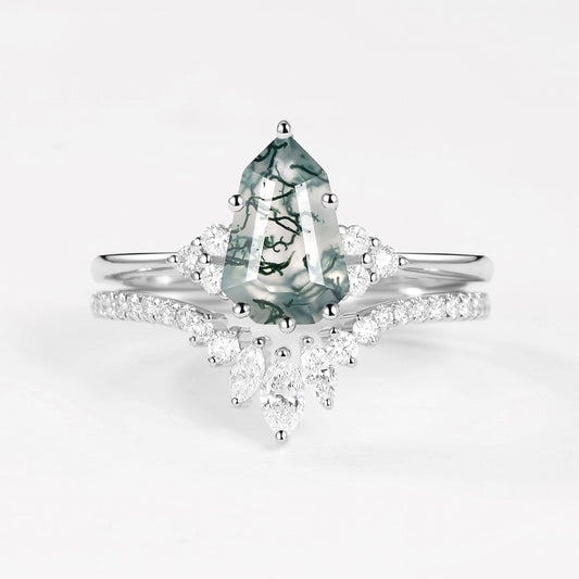 Pear-shaped Fancy Cut Moss Agate Engagement Ring Set 2pcs - Lydia.