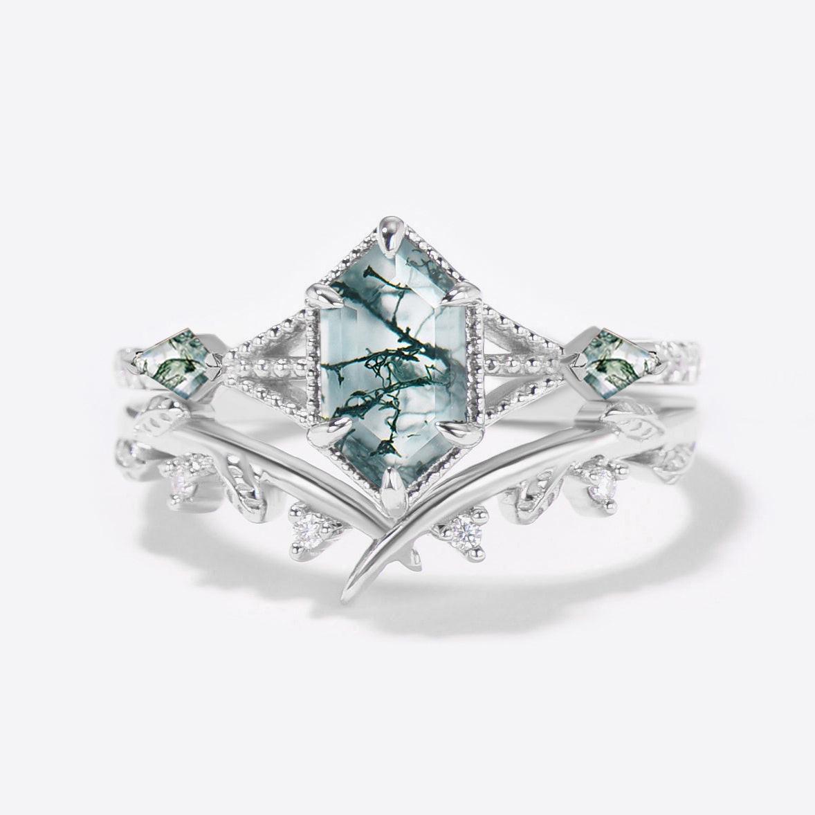 Leafy Long Hexagon Moss Agate Three Stones Engagement Ring Set 2pcs.