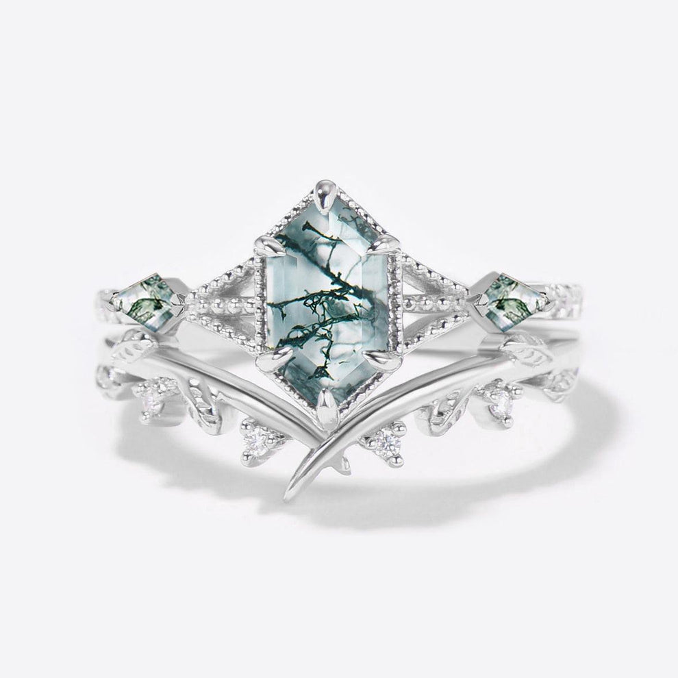 Leafy Long Hexagon Moss Agate Three Stones Engagement Ring Set 2pcs.