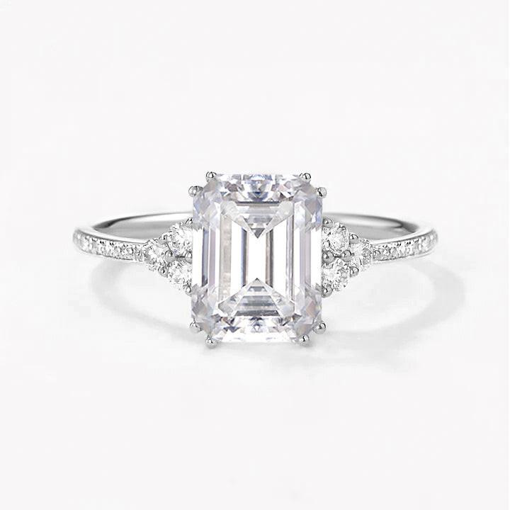 Classic Emerald Cut Moss Agate & Moissanite Cluster Engagement Ring.