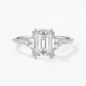 Classic Emerald Cut Moss Agate & Moissanite Cluster Engagement Ring.