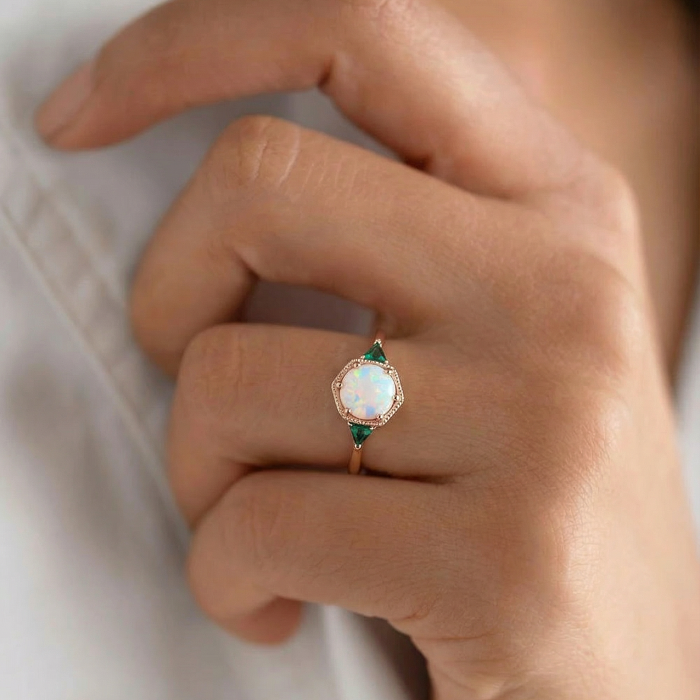 Moonlit Garden | Classic Opal & Emerald Engagement Ring.