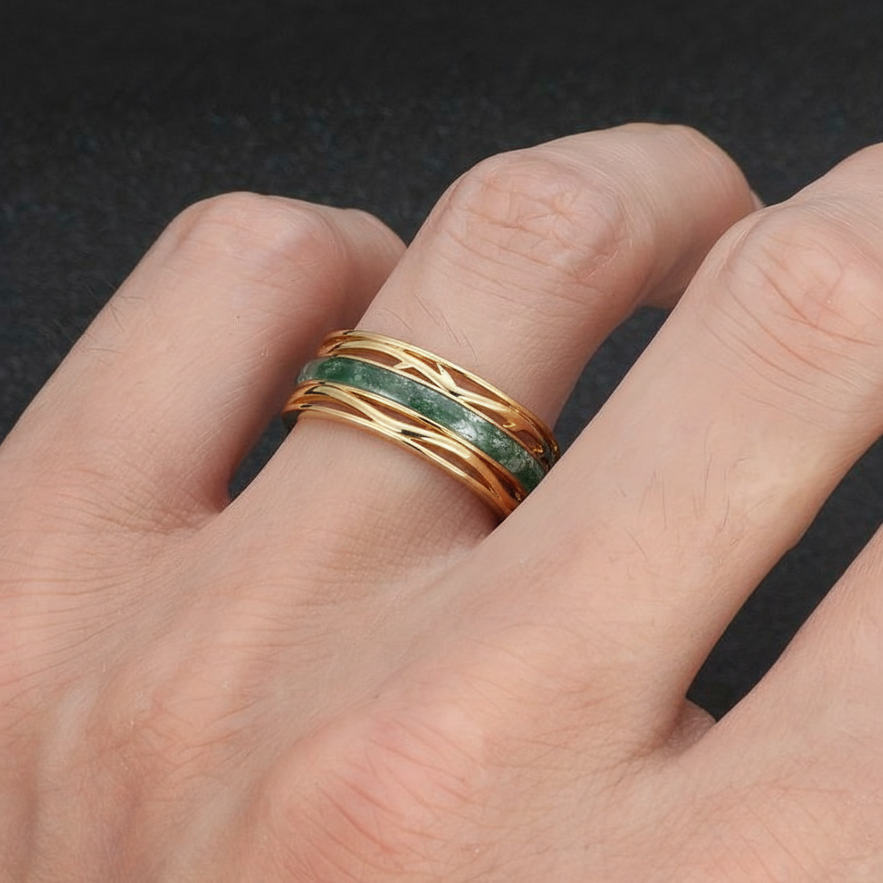 Odin’s Dominion | 8MM Moss Agate Men’s Ring with Openwork Branch Sides.
