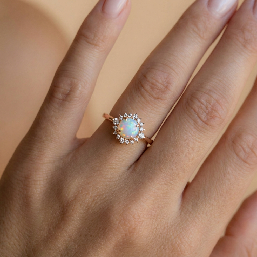 Sunflower Opal & Moissanite Rose Gold Ring.