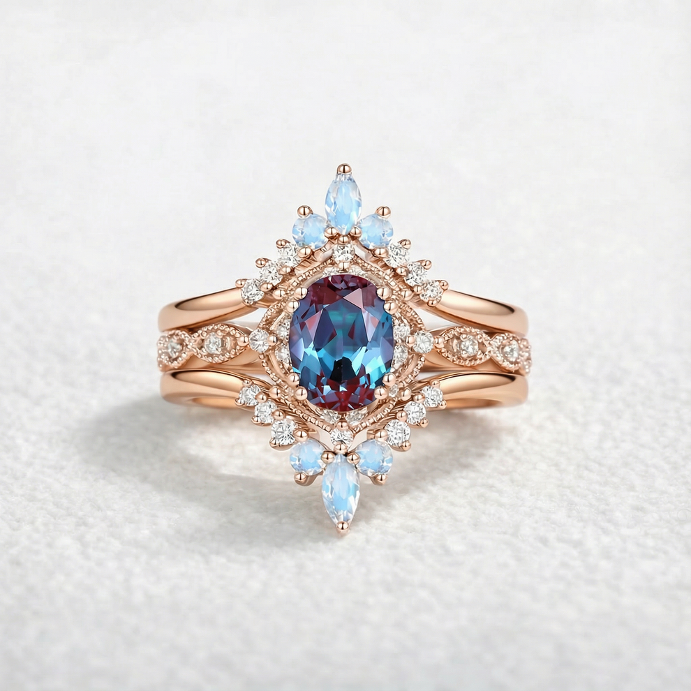 Luna’s Glow | Alexandrite & Moonstone Vintage Bridal Set 3pcs.