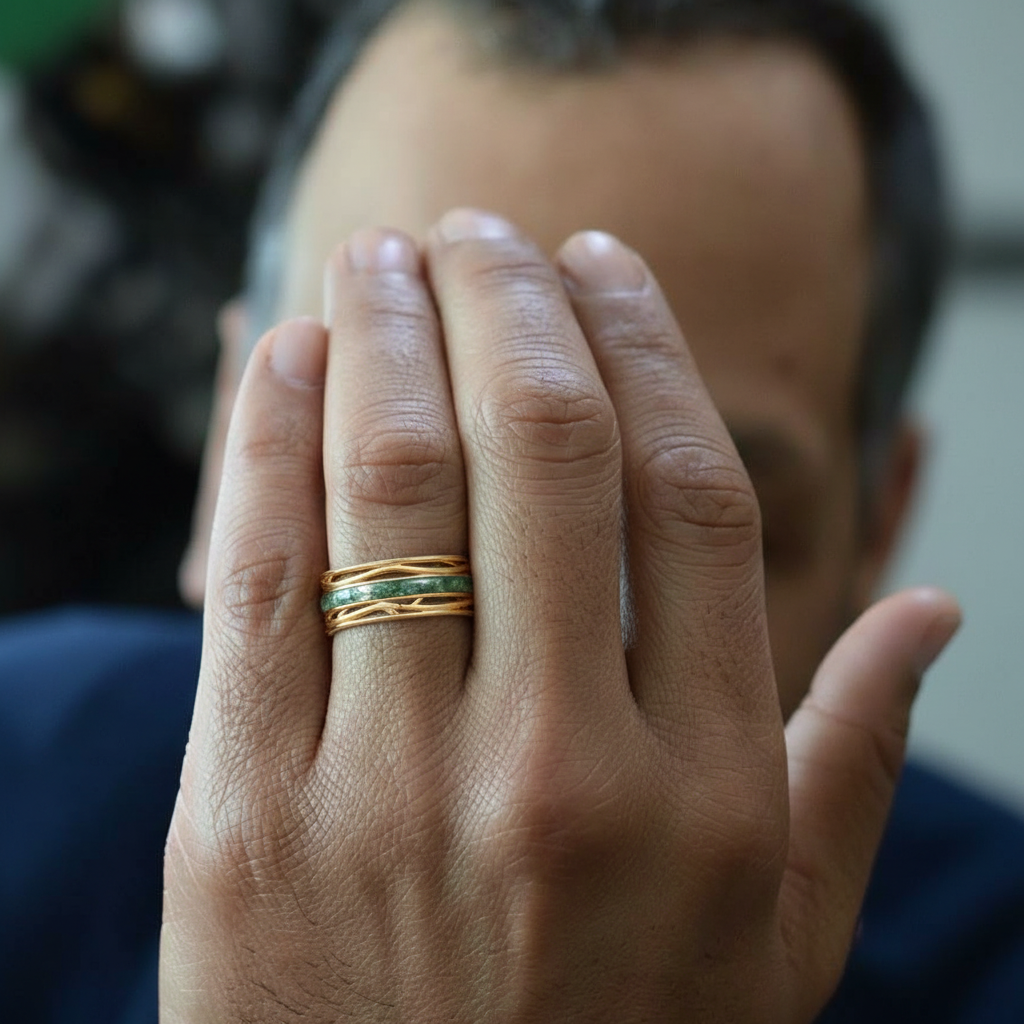 Odin’s Dominion | 8MM Moss Agate Men’s Ring with Openwork Branch Sides.