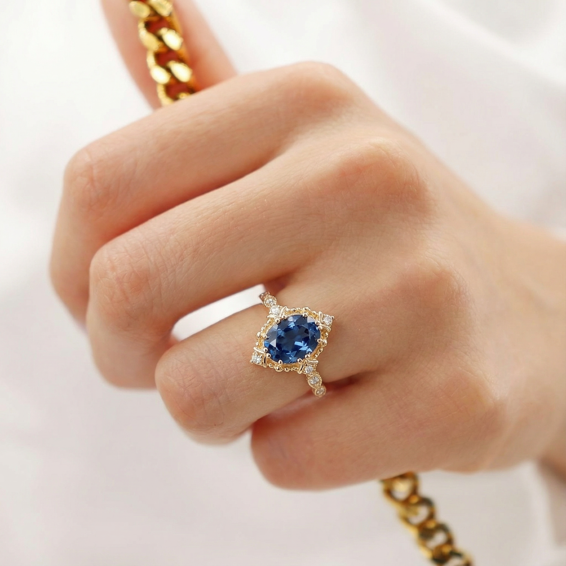Aurelia’s Prism | Oval London Blue Topaz & Moissanite Art Deco Ring.