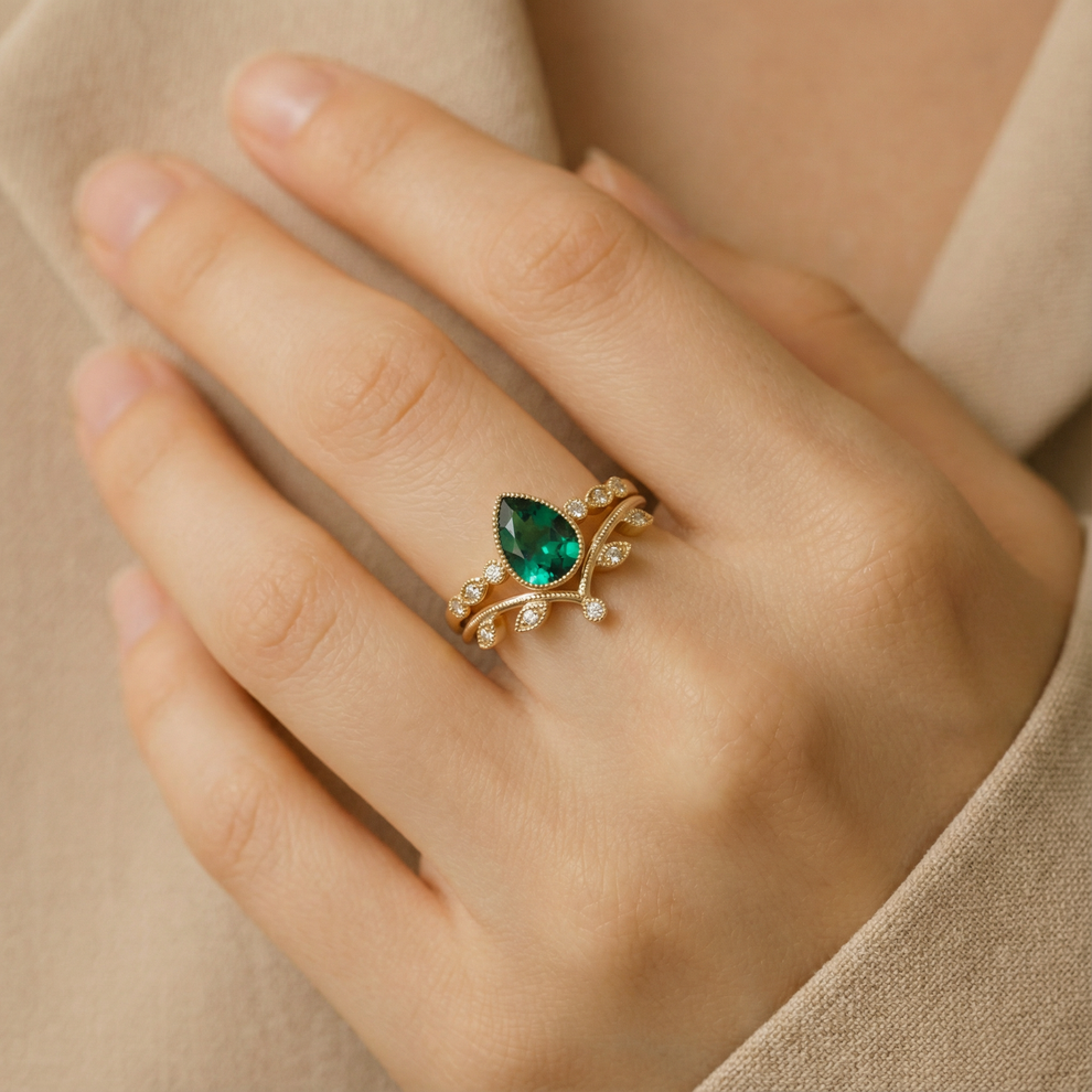 Vera's Grace | Classic Vine Band Pear Emerald Bridal Set 2pcs.