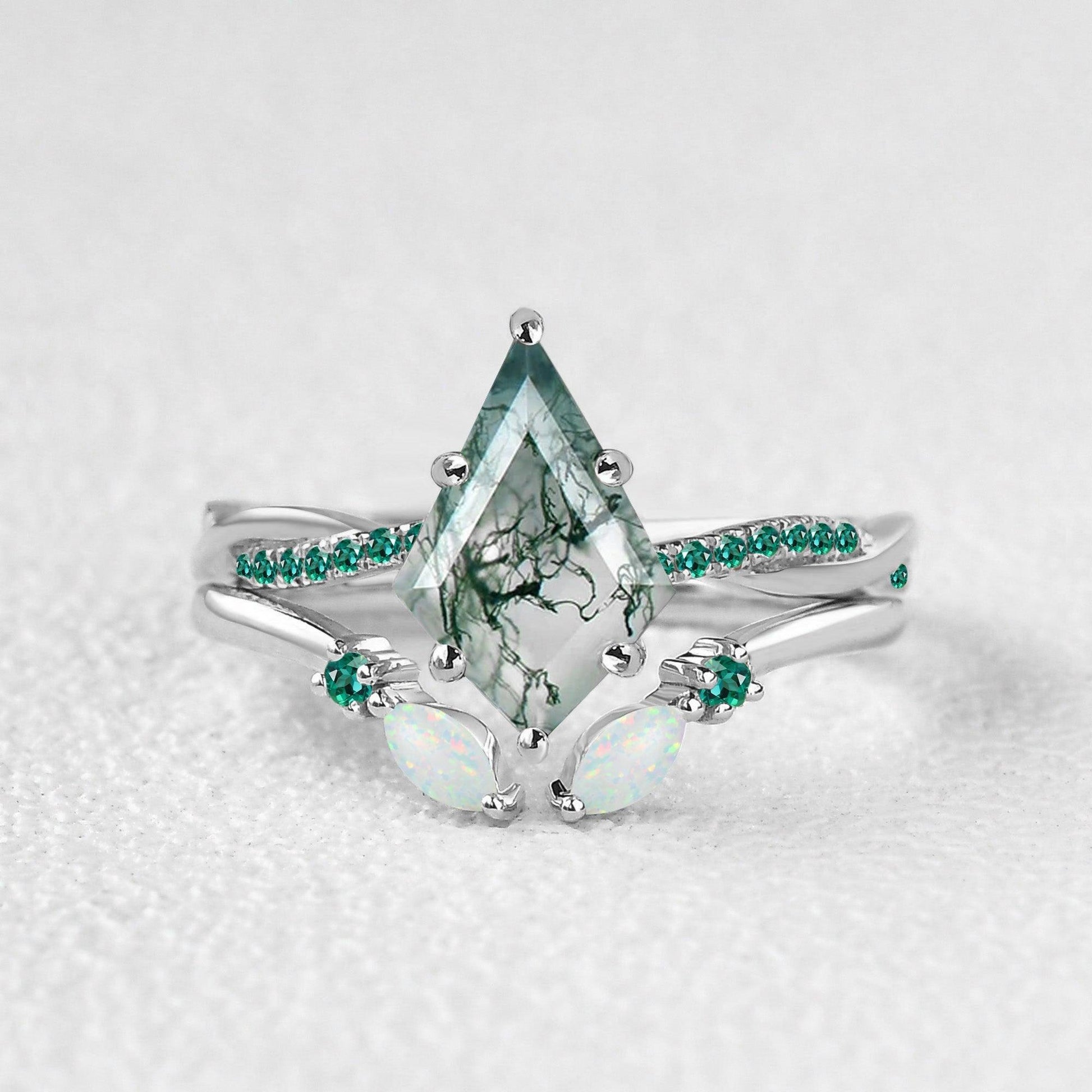 Kite Cut Moss Agate & Emerald & Opal Engagement Ring Set 2pcs.