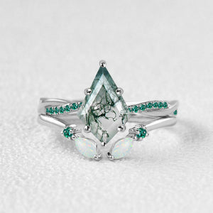 Kite Cut Moss Agate & Emerald & Opal Engagement Ring Set 2pcs.