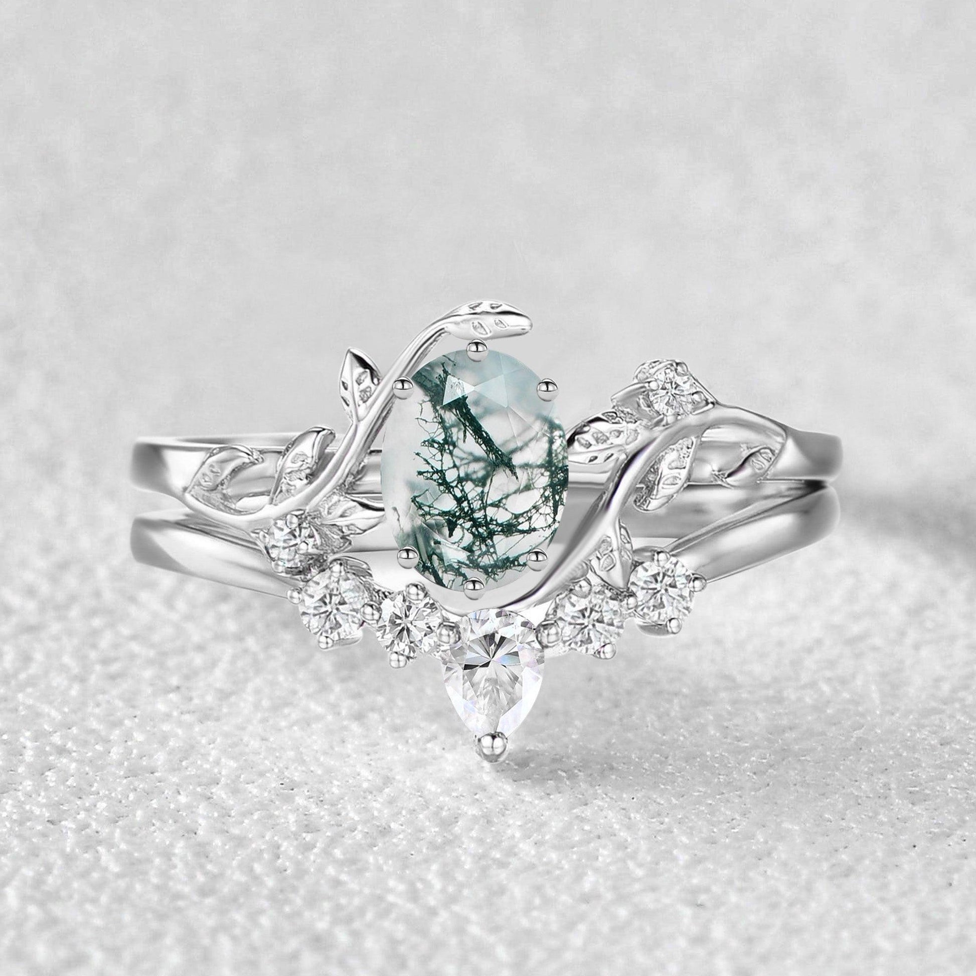 Oval Cut Leafy White Gold Moss Agate Ring Set 2pcs.