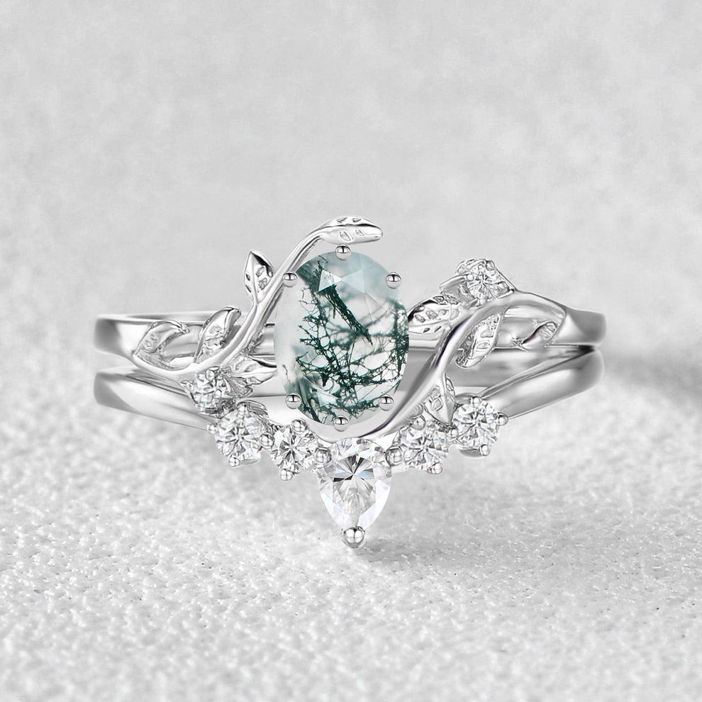 Oval Cut Leafy White Gold Moss Agate Ring Set 2pcs.