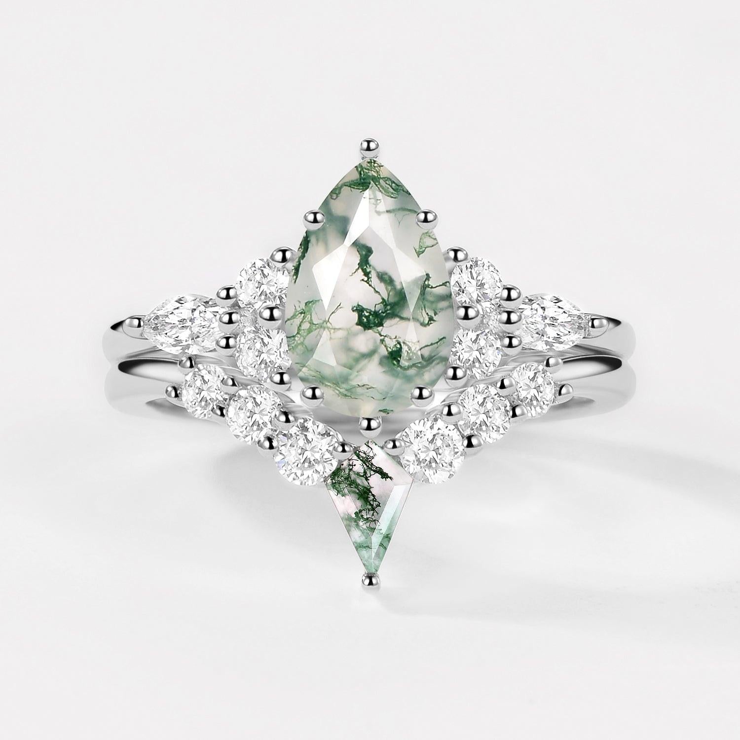 Zoey Twin Flames Pear Cut Unique Moss Agate Engagement Ring Sets 2pcs.