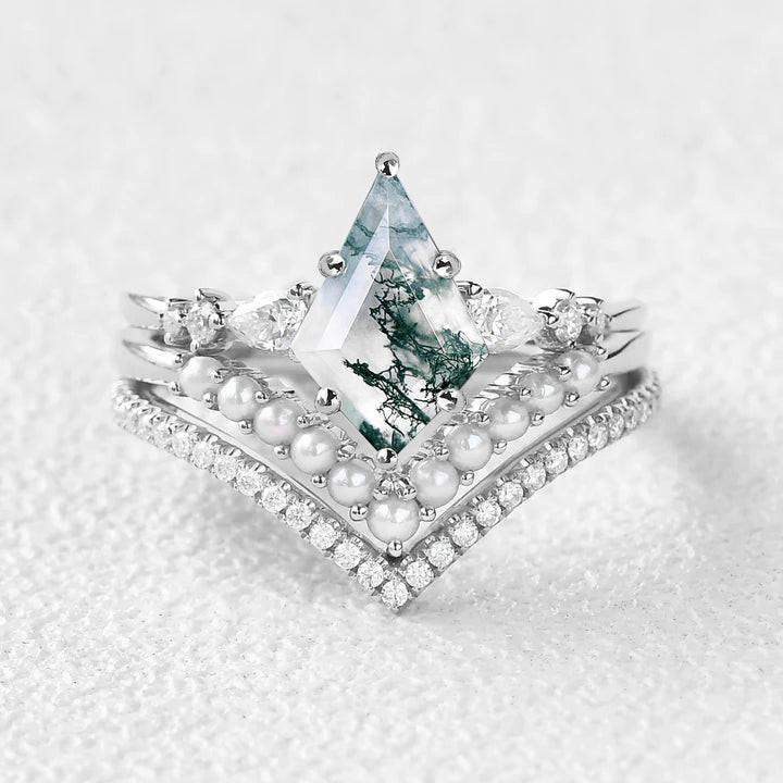 Kite Cut Moss Agate Pearl Stacking Engagement Bridal Set 3pcs.