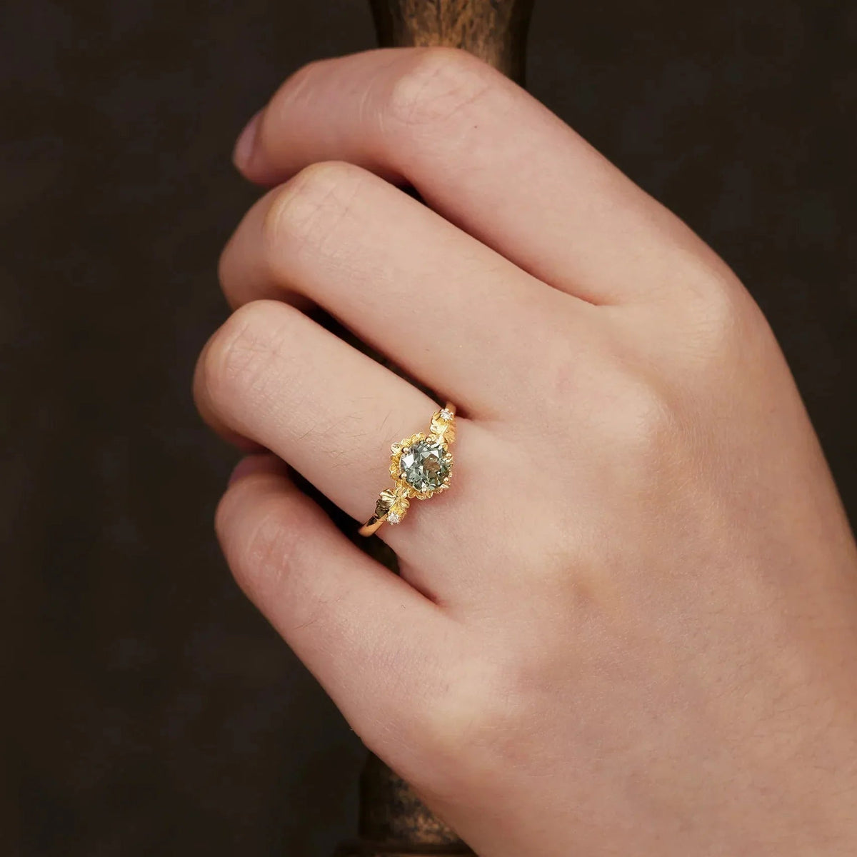 Sylvie’s Blossom | Round Green Sapphire Floral Engagement Ring.