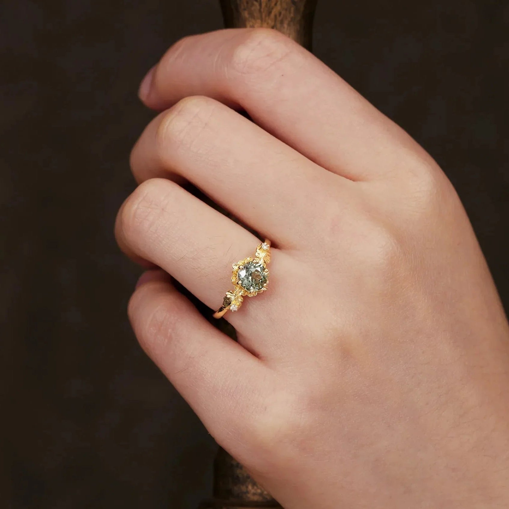Sylvie’s Blossom | Round Green Sapphire Floral Engagement Ring.