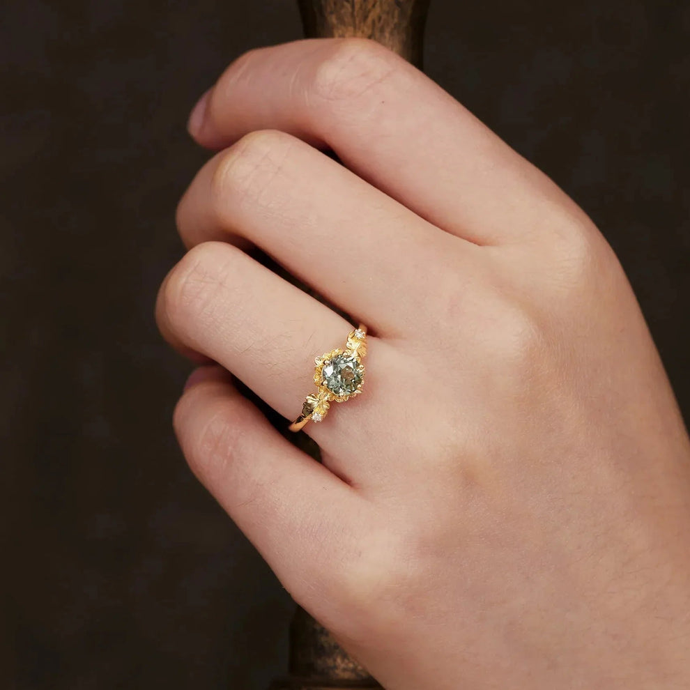 Sylvie’s Blossom | Round Green Sapphire Floral Engagement Ring.