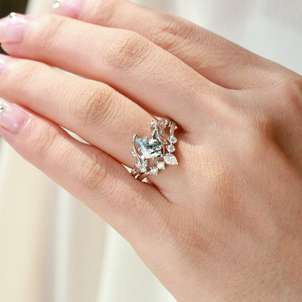 Kite Glade | Moss Agate Leafy Bridal Ring Set 2pcs.