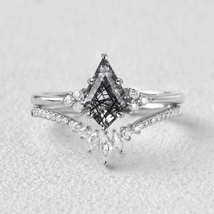 Elara’s Grove | Kite Cut Moss Agate Engagement Ring Set 2pcs