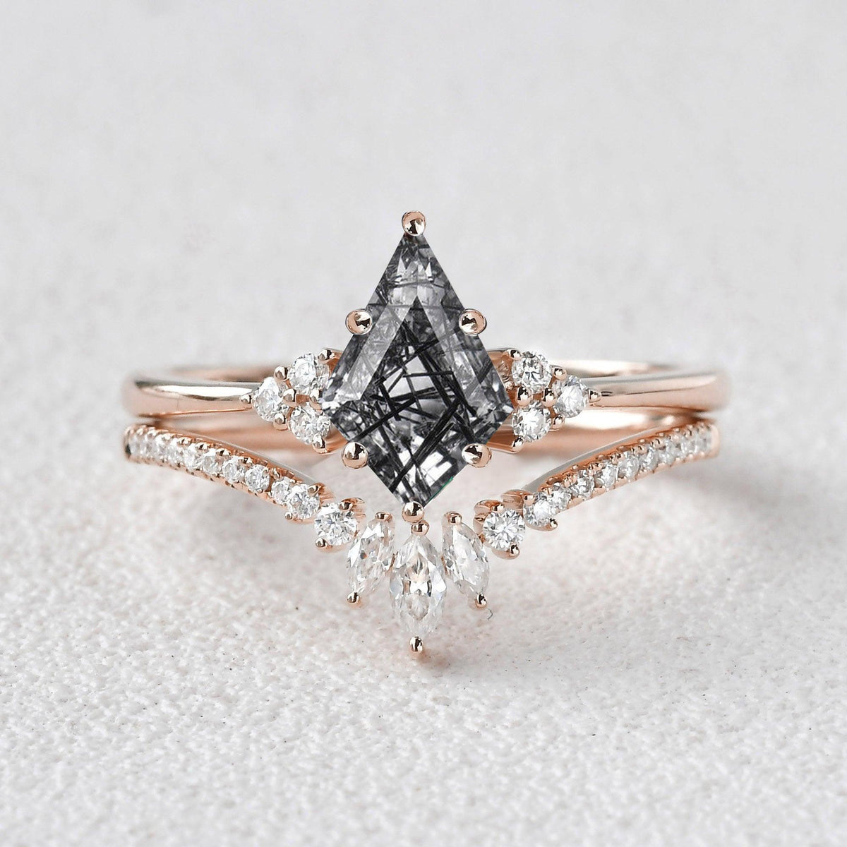 Elara’s Grove | Kite Cut Moss Agate Engagement Ring Set 2pcs.