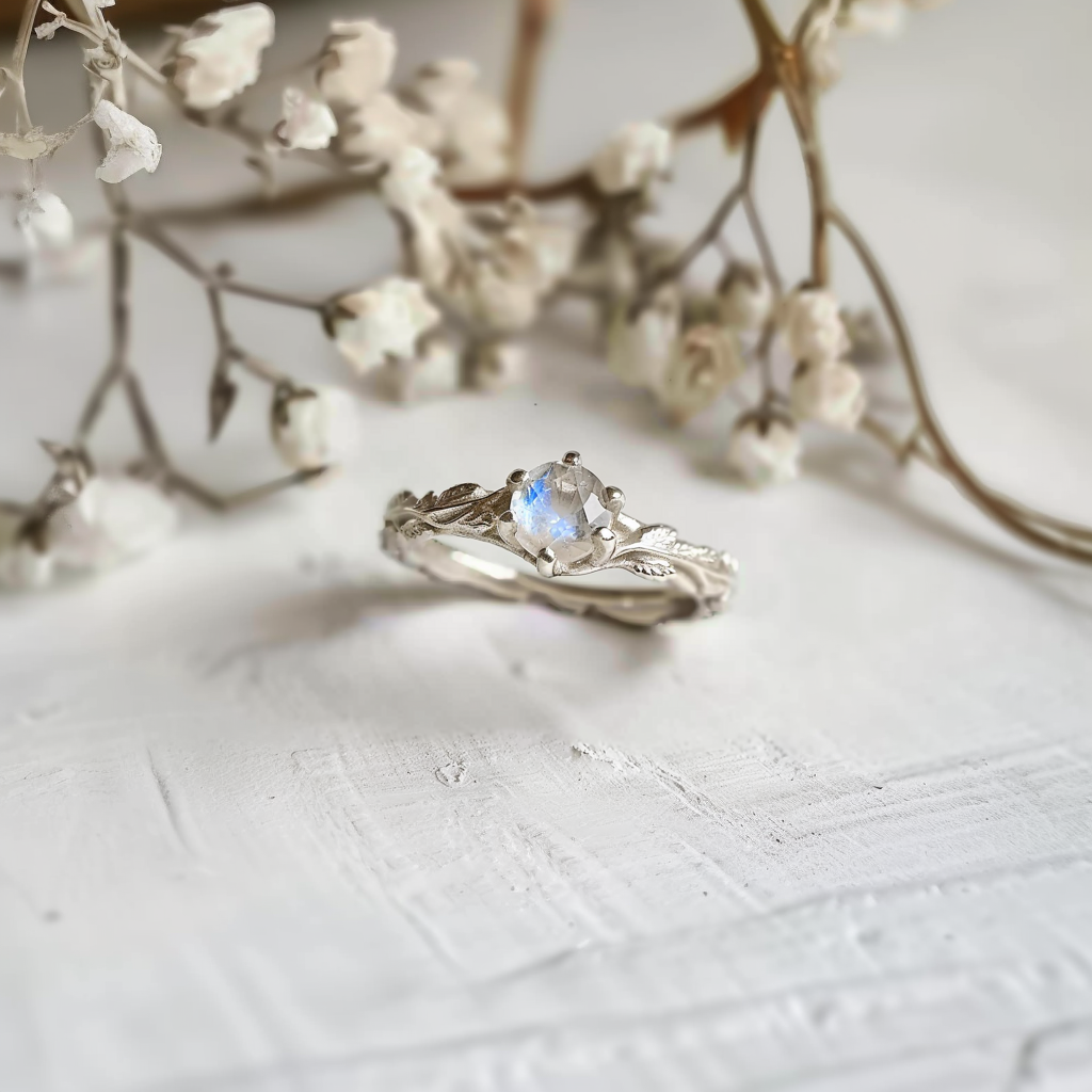 Aurora’s Moonvine | Moonstone Engagement Ring with Vine Motif.