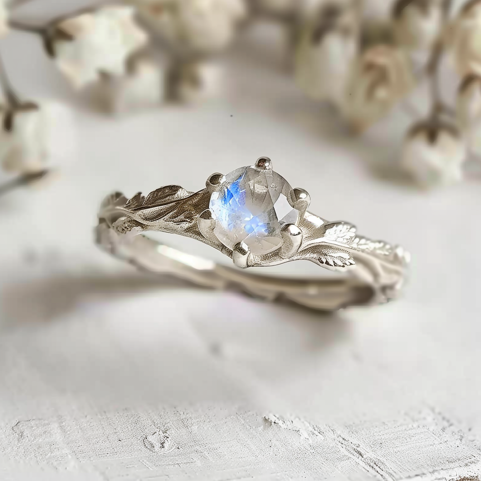Aurora’s Moonvine | Moonstone Engagement Ring with Vine Motif.