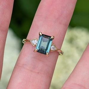 2CT Emerald Cut Green Gemstone Leafy Engagement Ring.