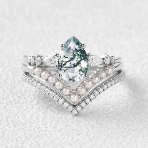 Pear Shaped Moss Agate Pearl Stacking Engagement Ring Set 3pcs.