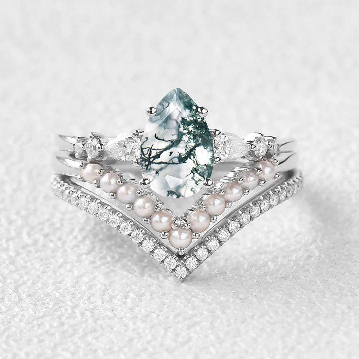 Pear Shaped Moss Agate Pearl Stacking Engagement Ring Set 3pcs.