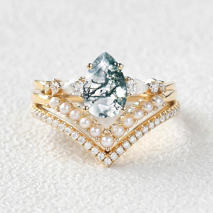 Pear Shaped Moss Agate Pearl Stacking Engagement Ring Set 3pcs.