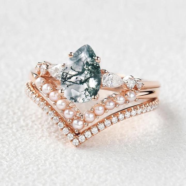 Pear Shaped Moss Agate Pearl Stacking Engagement Ring Set 3pcs.