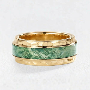 Genevieve’s Harmony | Luxurious Pear Moss Agate Bridal Set & 8MM Moss Inlay Band Couple Ring Set 3pcs