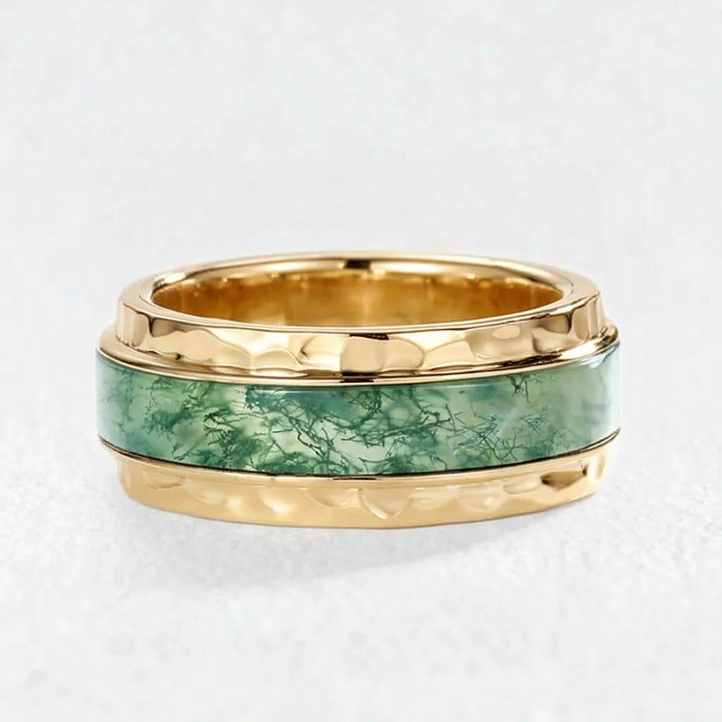 Genevieve’s Harmony | Luxurious Hexagon Moss Agate Bridal Set & 8MM Moss Inlay Band Couple Ring Set 3pcs