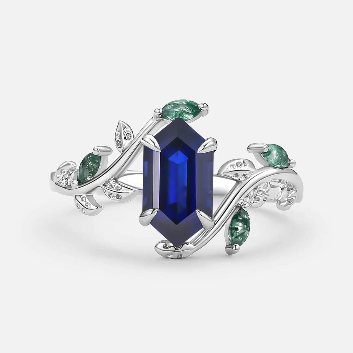 Sylvie’s Herbarium | Vintage Hexagon Moss Agate & Emerald Leafy Engagement Ring.