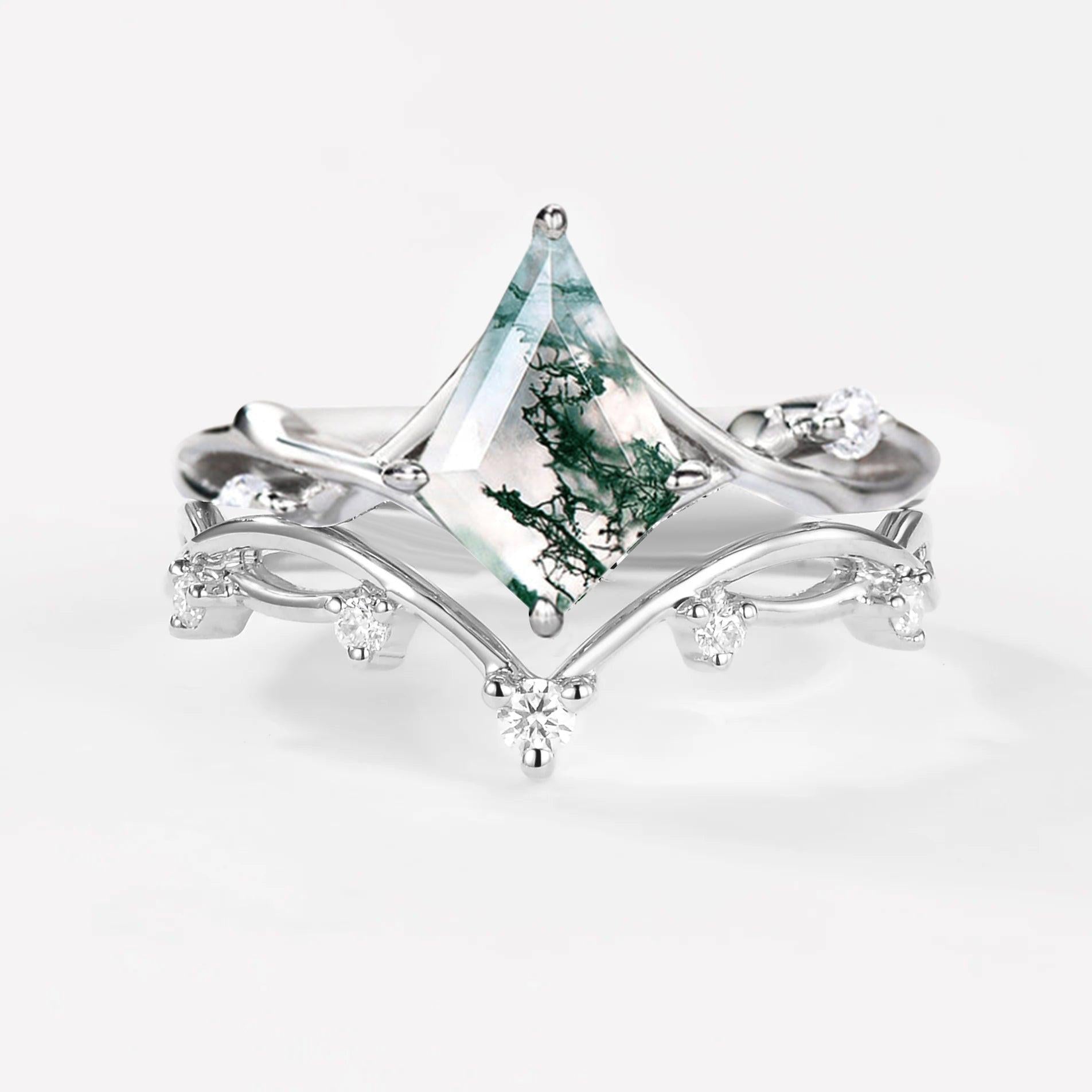 Branch Kite Shape Natural Moss Agate Engagement Ring Sets 2pcs.